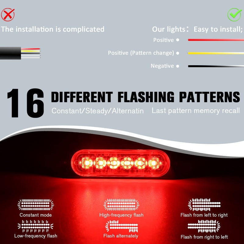 DIBMS LED Emergency Strobe Lights Bar 8x Red 6 LED Strobe Warning Emergency Flashing Light Caution Construction Hazard Light Bar For Car Truck Van Off Road Vehicle ATV SUV Surface Mount - Image 5